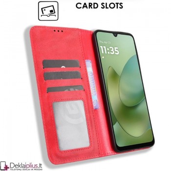 Dirbtinės odos atverčiamas dėklas su skyreliais - raudonas (Motorola Moto G06/Moto G06 Power) Dirbtinės odos atverčiamas dėklas su skyreliais - raudonas (Motorola Moto G06/Moto G06 Power)